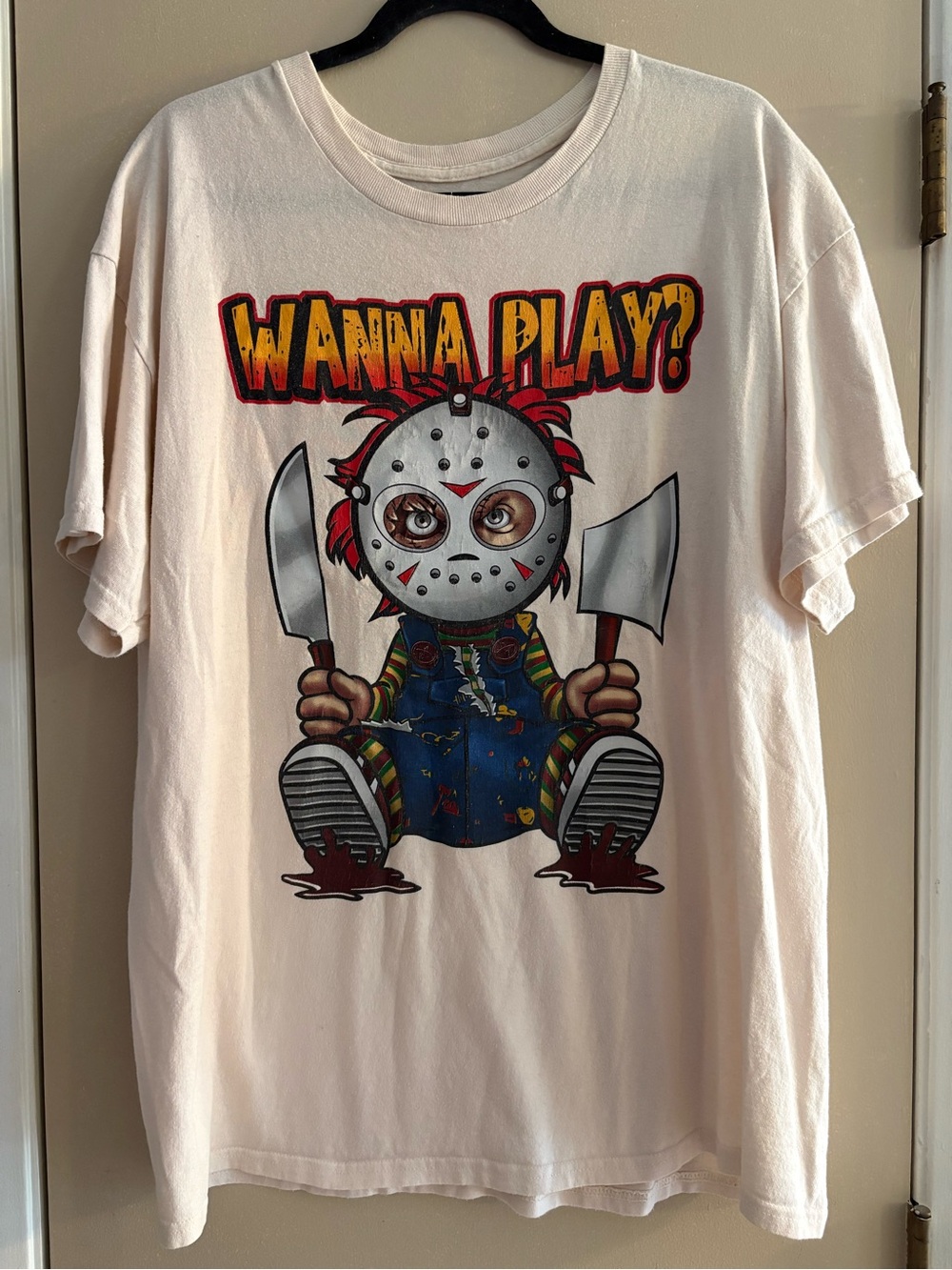 Chucky Graphic 'Wanna Play?' Short Sleeve Tee - cream